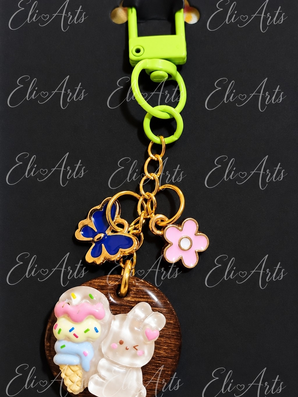 Bunny Ice Cream Wooden Keychain with Butterfly & Flower Charms